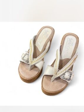 Y2K SBicca White Leather Rhinestone Buckle Platform Wedges